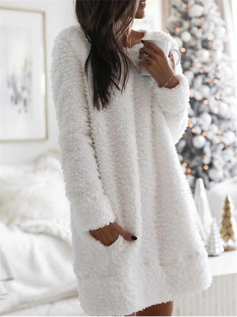 Women Winter Fleece Straight Plush Long Sleeve Dresses Autumn Loose Warm Round Neck Simple Casual Straight Plush Dress alx