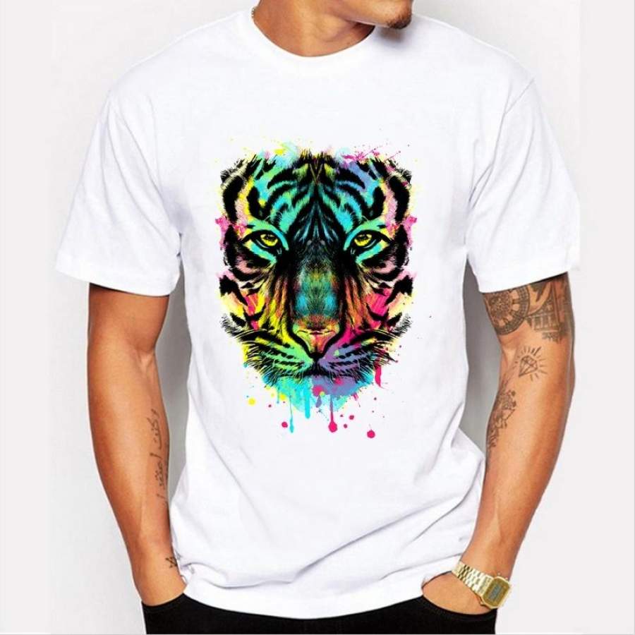 High-Quality Summer Fashion Punk Style Color Tiger Head Pattern Printed Short-Sleeved Round Neck Men’S T-Shirt