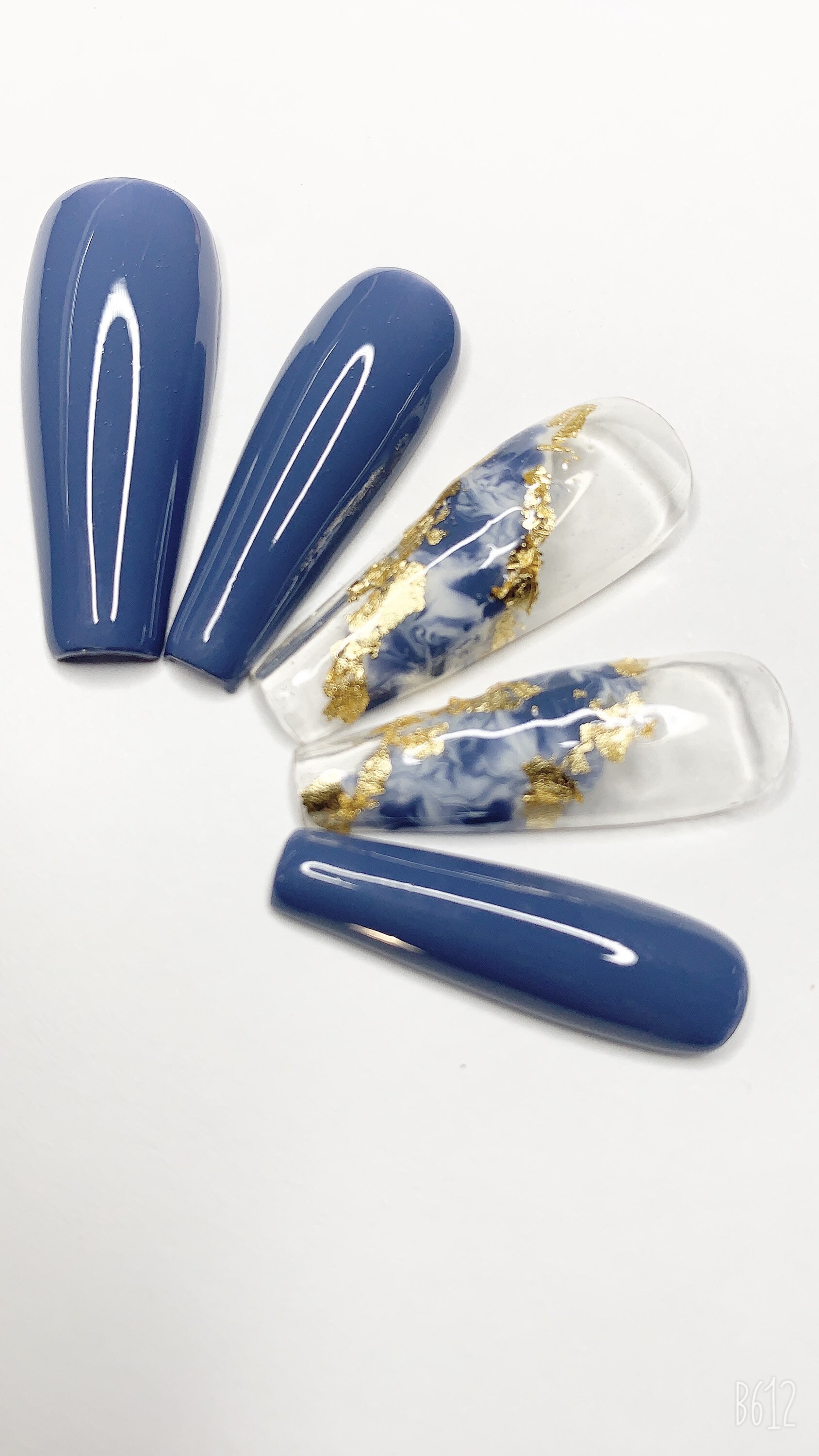 Blue gray nails with marble and gold flakes design | Nail prep kit INCLUDED | Press On Nails | Fake Nails | Glue On Nails