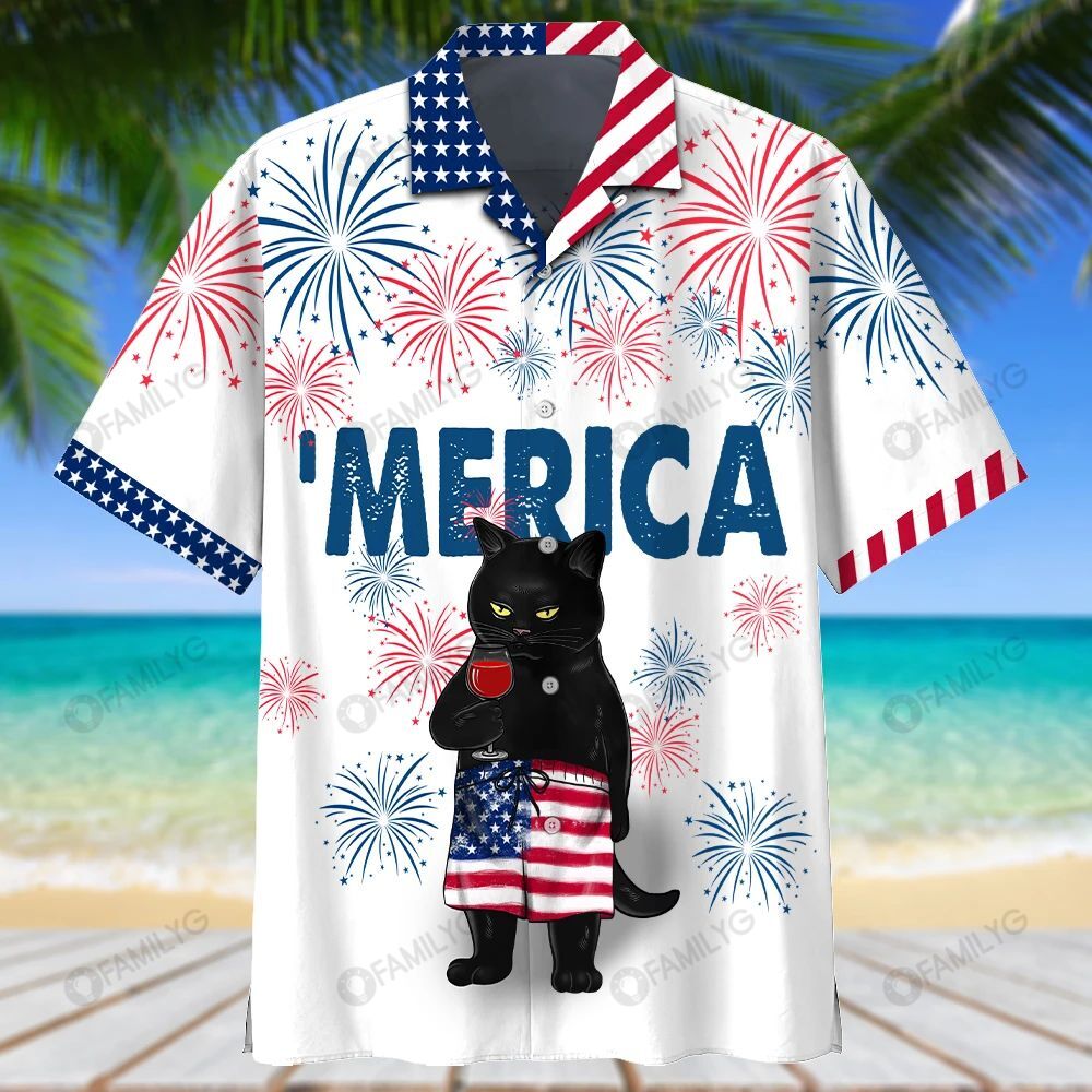 Wine Shirt – Black Cat Drink Wine America Aloha Wine Hawaiian Shirt Summer Hawaiian For Men, Women, Couple