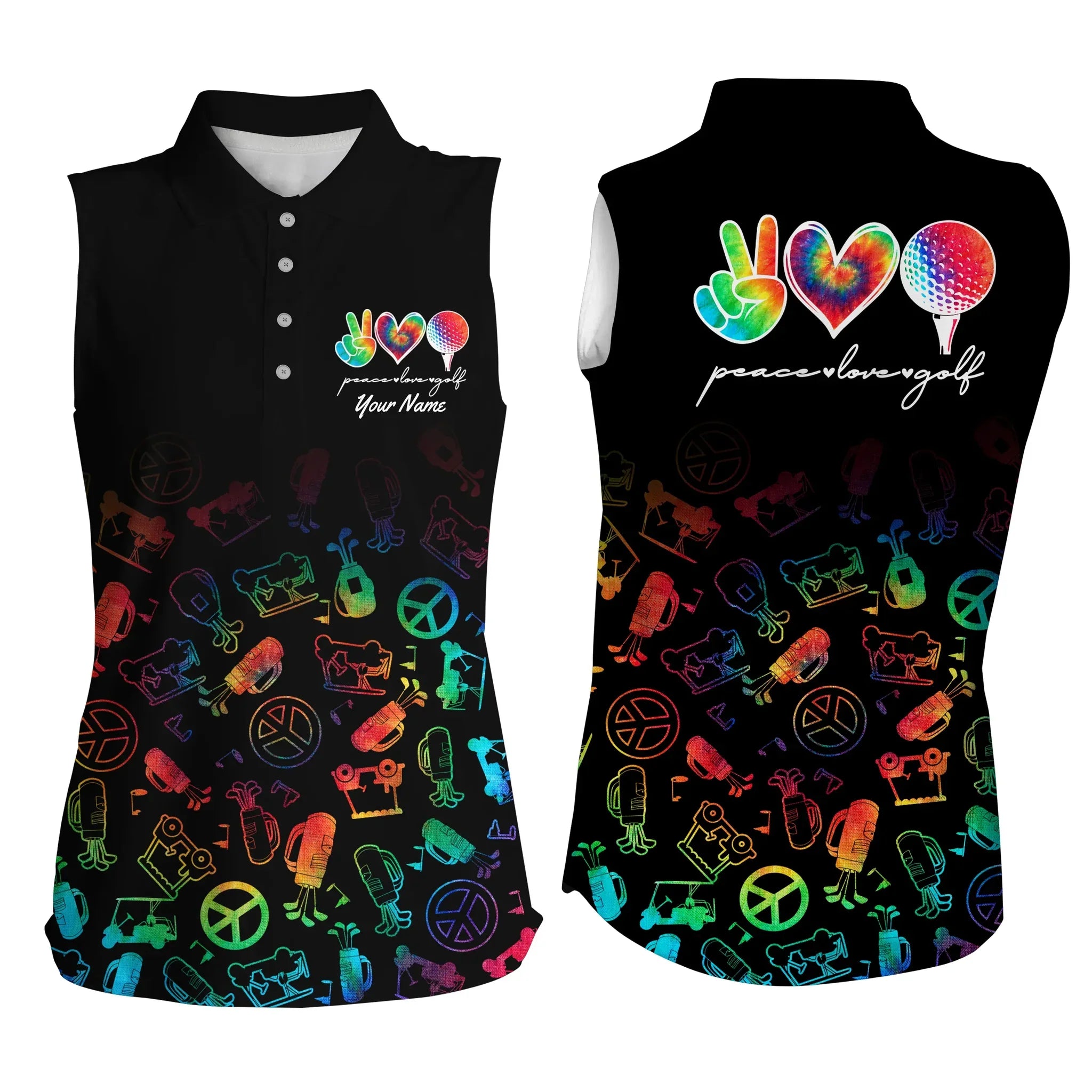 Black Women Sleeveless Polo Shirt, Custom Watercolor Peace Love Golf, Personalized Golf Shirt For Women