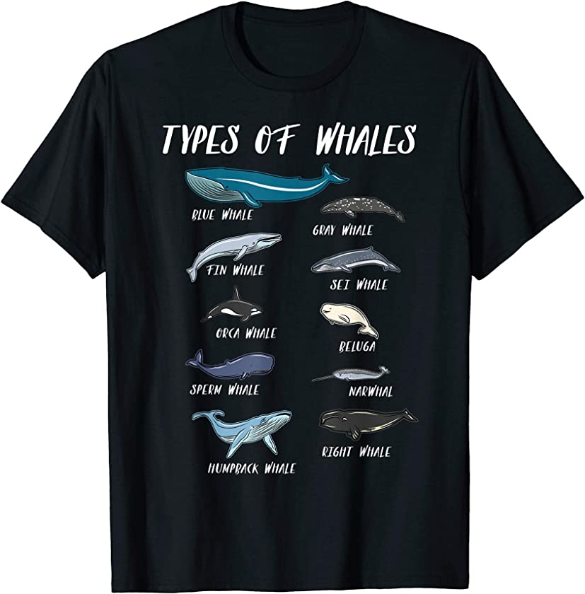 Types Of Whales Ocean Science Marine Biologist Teacher T-Shirt