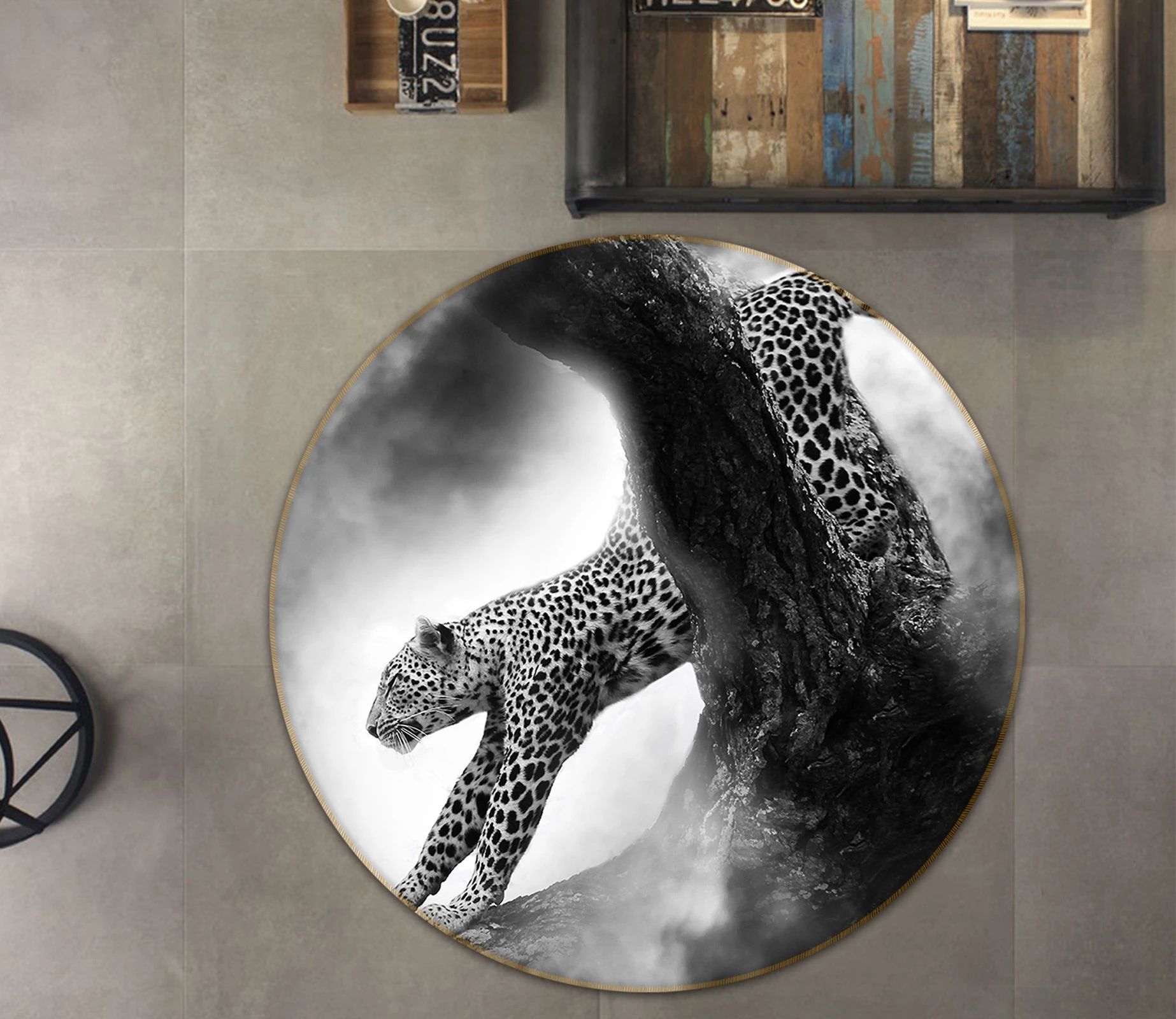 Black Ash Trunk Leopard Printed Round Rug – Round Carpet Home Decor