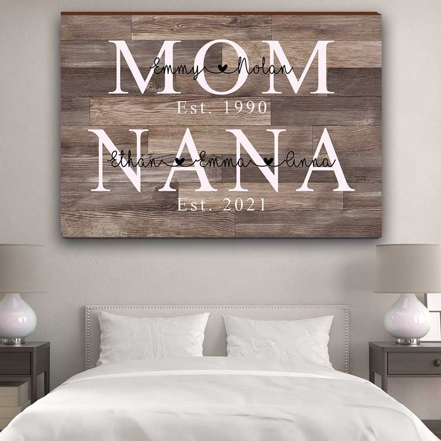 Personalized Mom Est Nana Est Wall Art For Bedroom, Mom Grandma And Grandkids Canvas Prints