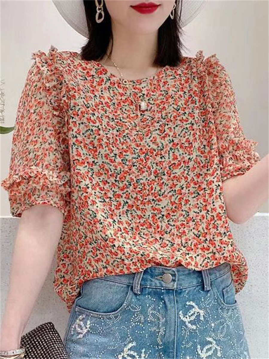 Woman Summer Style Blouses Tops Lady Casual Short Lantern Sleeve O-Neck Simple Style Flower Printed blusas Tops DF4482 alx