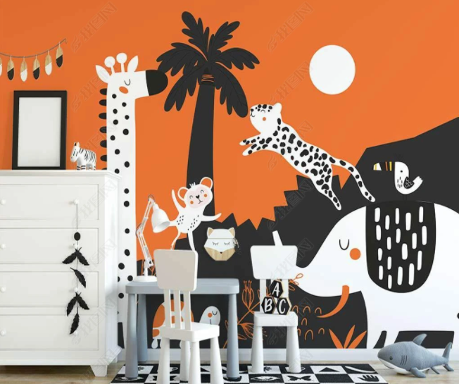 3D Cartoon Animal Giraffe Elephant Leopard Mountains Coconut Tree Wall Mural Wallpaper Lll 2647