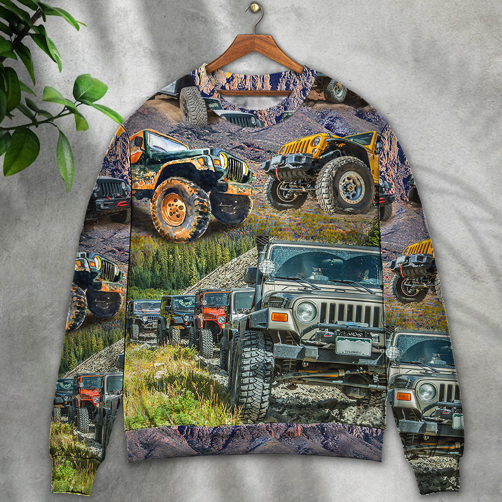 Jeep In The Mountain Sunset Vintage Art Style Ugly Christmas Sweater