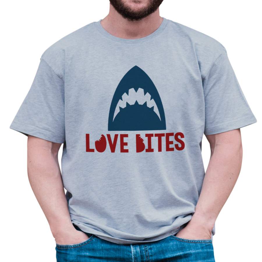 7 ate 9 Apparel Men’s Love Bites Shark Valentine’s Day Grey T-shirt