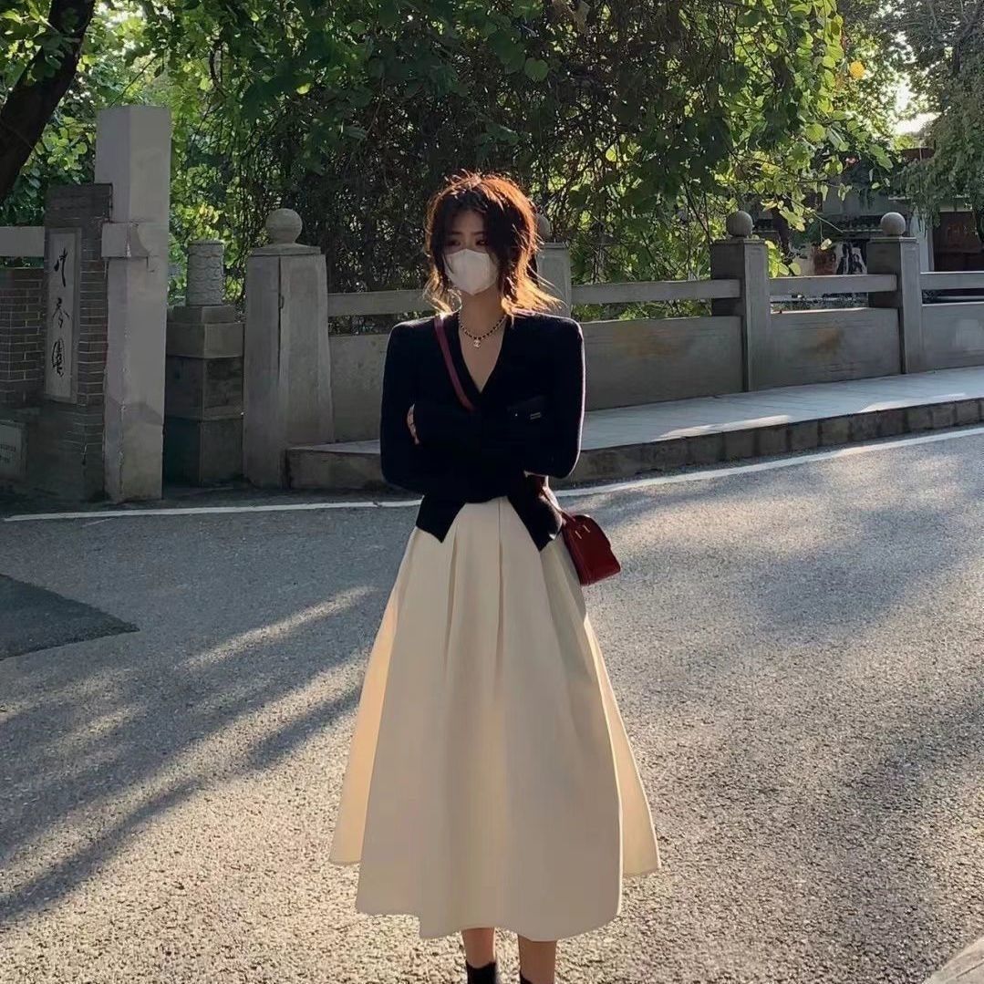 2023 New Autumn Winter Women Solid Suit Casual Warm Loose V-Neck Long Sleeve Sweater Korean Style Two-piece Skirt Suit F8 alx