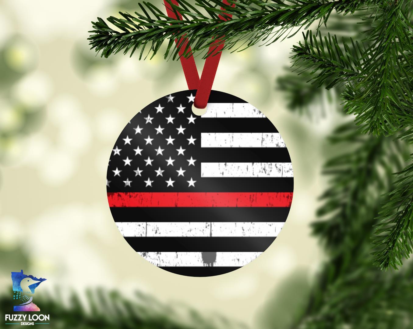 Thin Red Line Fire Fighter Ornament Christmas Ornament Christmas Gift Ideas Ceramic Circle Ornament