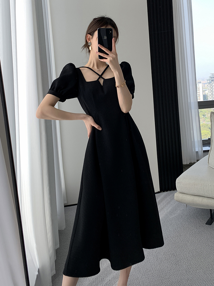 2022 Summer Women Fashion Elegant Casual Solid Puff Sleeve Midi Dresses Evening Office Lady Female A Line Clothes Vestdios Black alx