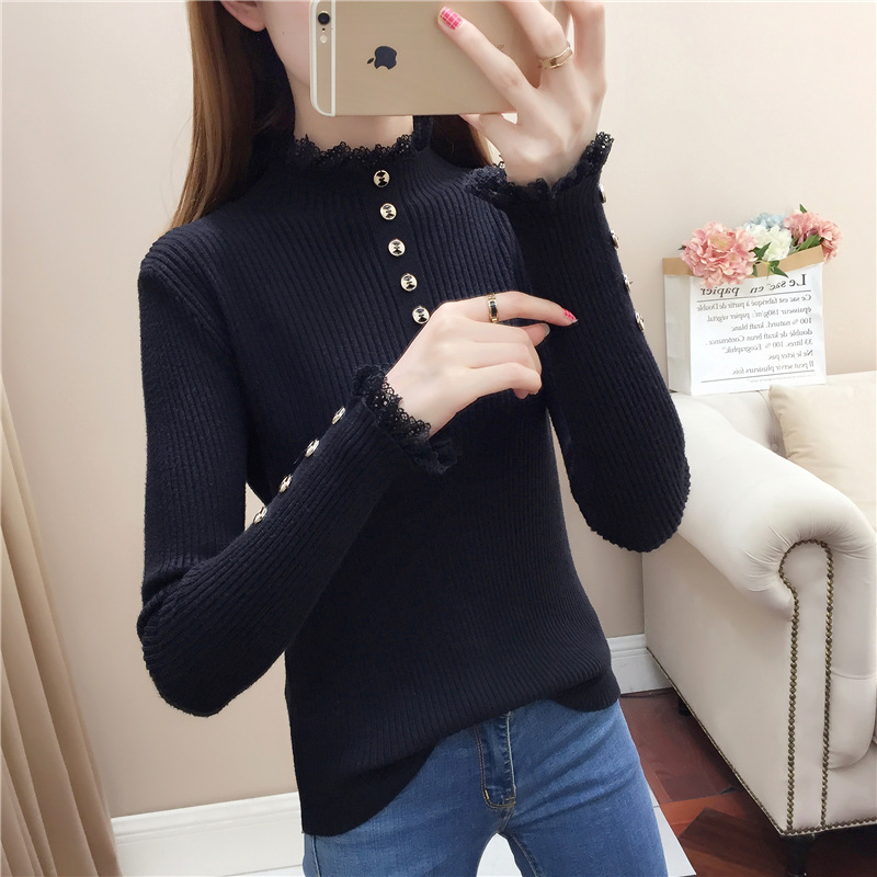 upper garment of female autumn/winter 2021 new lace long sleeve inside take coat brim cultivate morality sweater alx