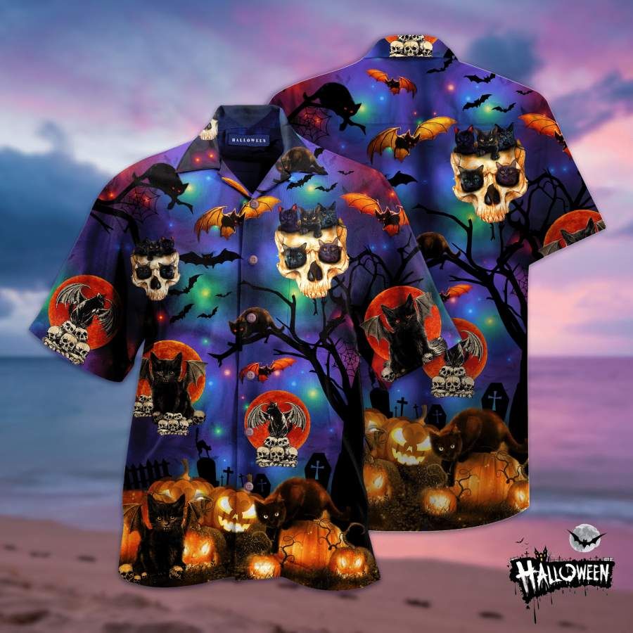 Scary Halloween Black Cat Hawaii Aloha Shirts Ha5426