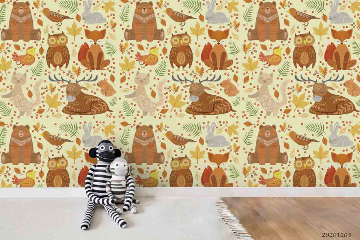 3D Cartoon Autumn Bear Owl Cat Animal Leaves Tree Plant Wall Mural Wallpaper Lxl