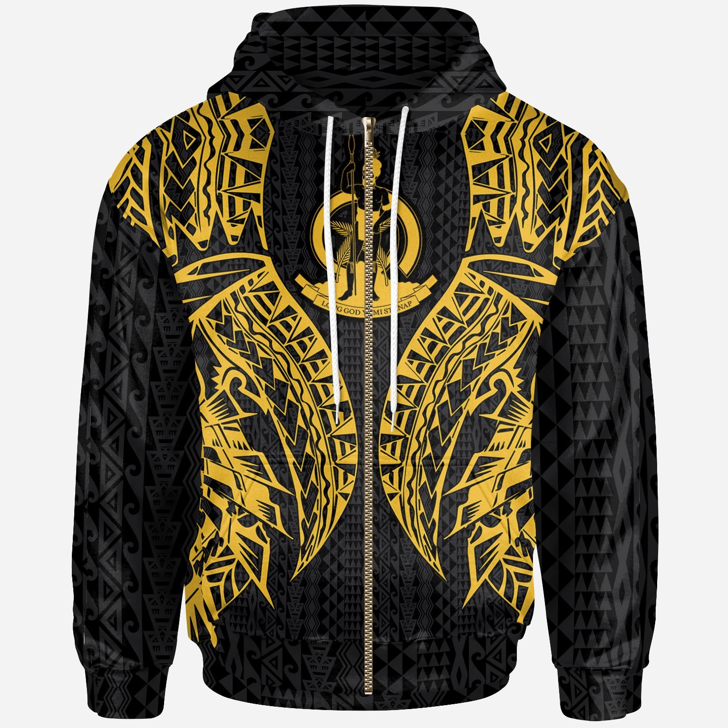 Vanuatu Zip-Up Hoodie – Polynesian Lion Head Gold Style – Pacific Print Hoodie