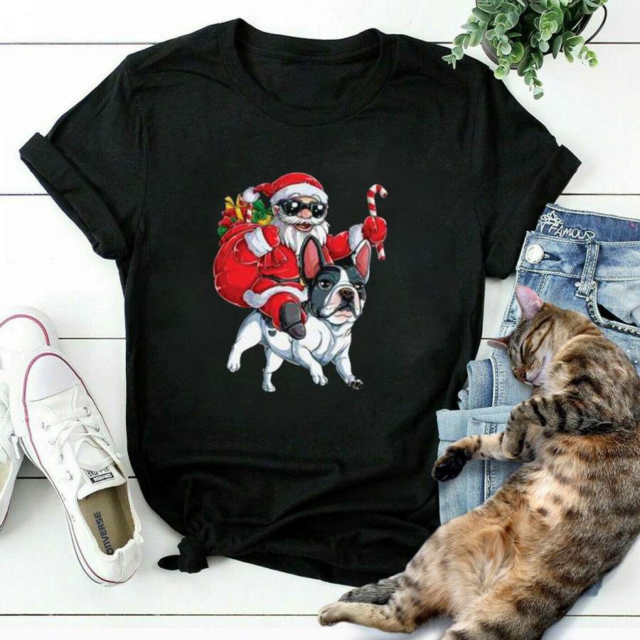 Santa riding french bulldog christmas candy cane gifts black cotton t shirt for men and women S-6XL