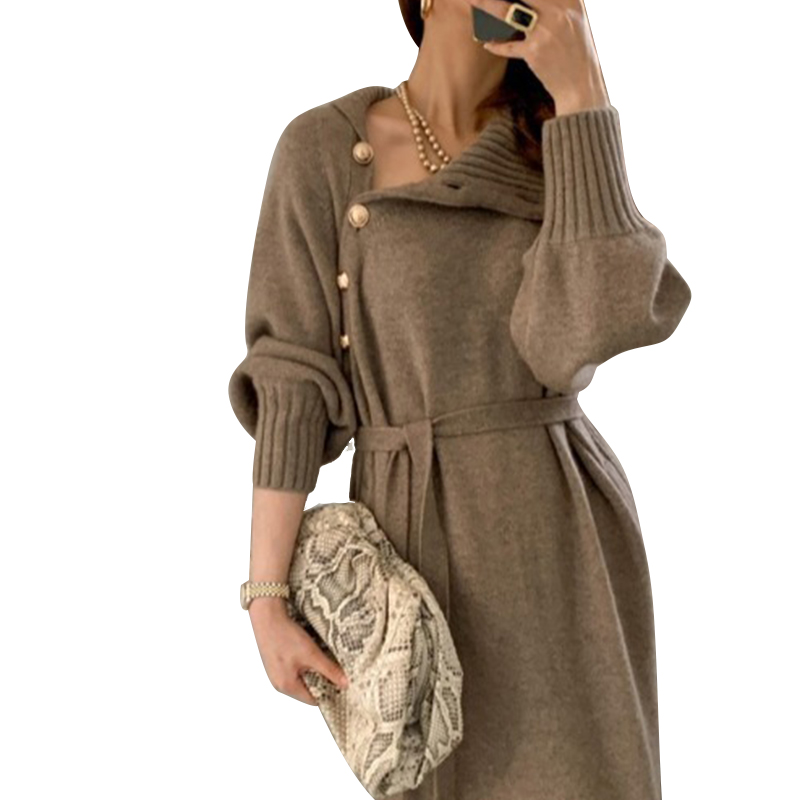 Solid Knitted Sweater Dress Turtleneck Full Sleeve Elegant Midi Dress with Buttons One Size Winter Dresses for Women alx