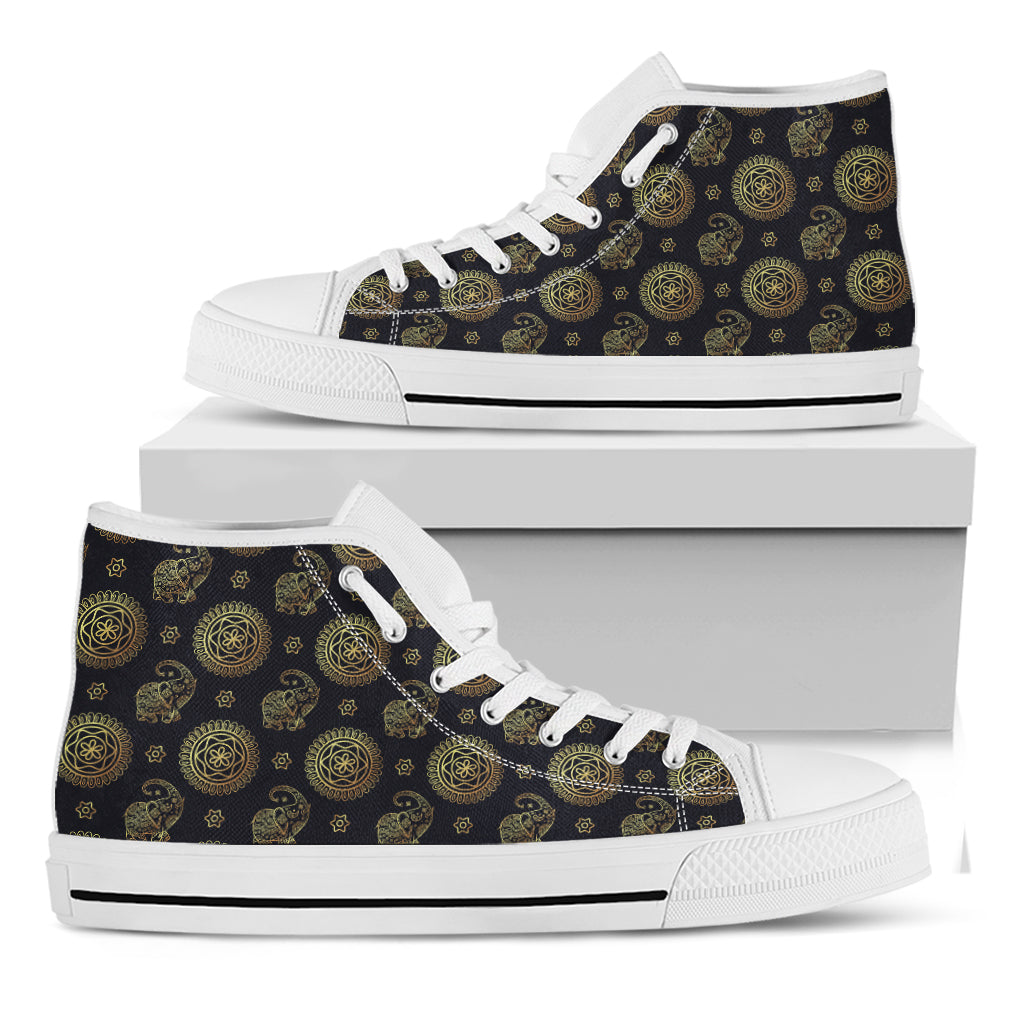 Blue And Gold Tribal Elephant Print White High Top Shoes