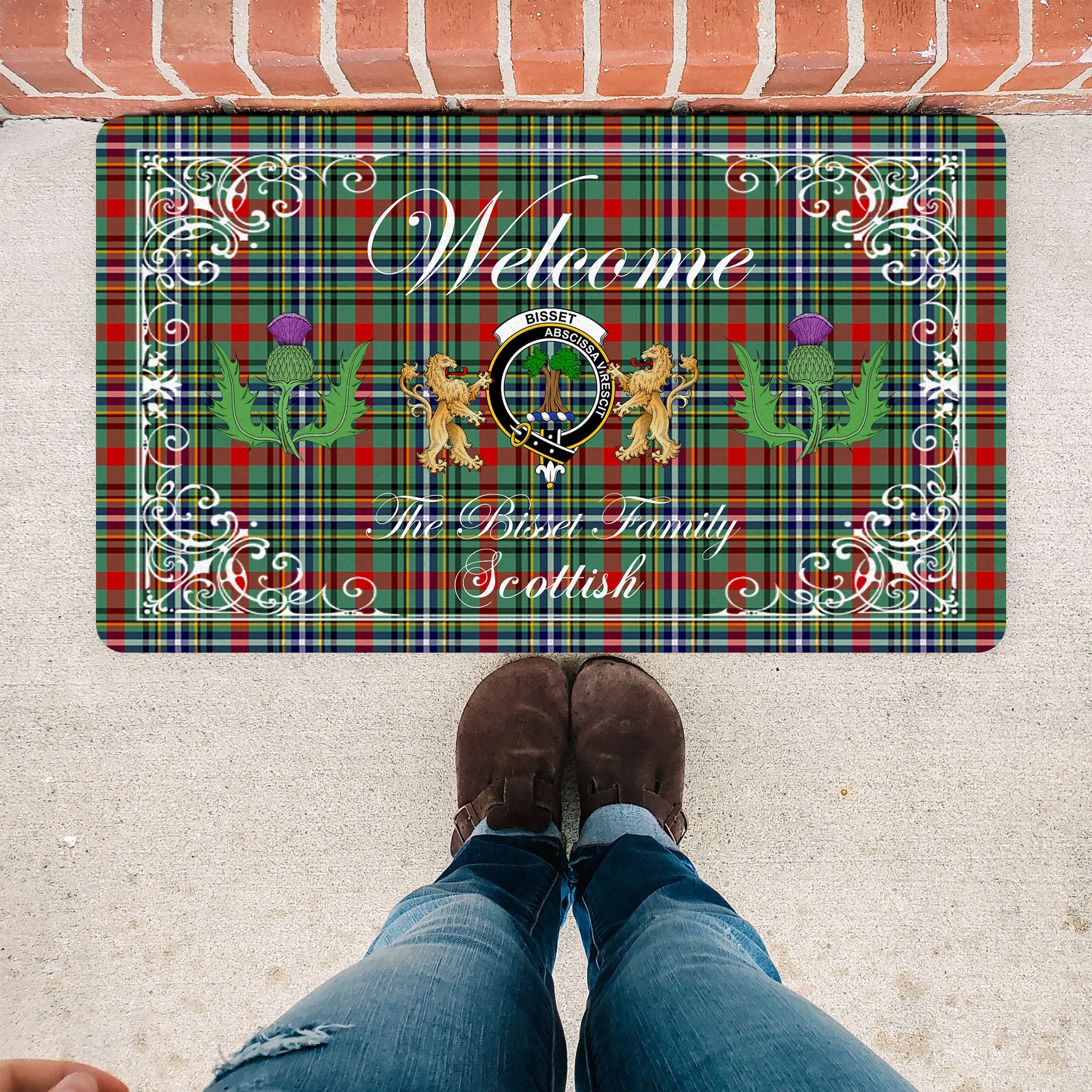 Scotstee Shop Tartan Door Mats Clan Bisset Pattern Badge Tartan Thistle And Two Lion Scottish Plaid Doormat, Christmas Door Mat Gift