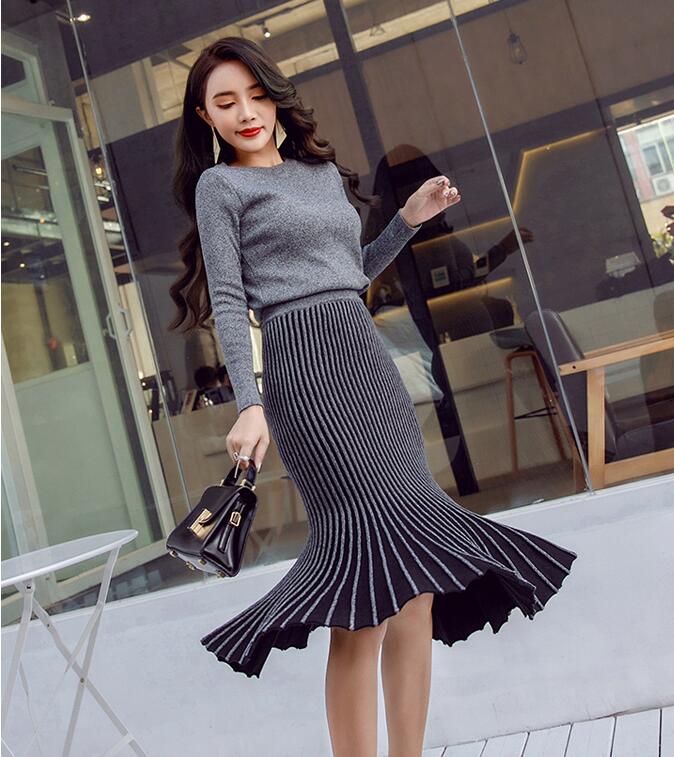 2019 Fall Winter Designer Bright silk knitted Pullovers Sweater Skirt 2 piece Set Women’s Knitted Shiny Pleated Mermaid Skirt alx