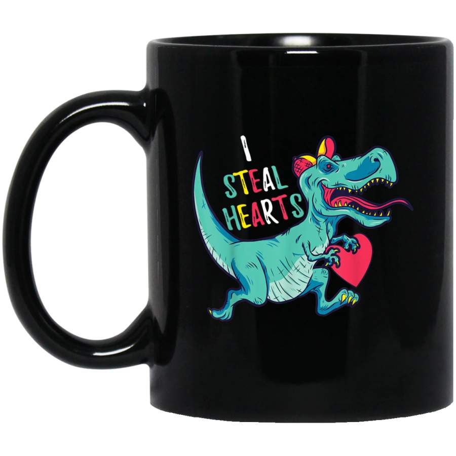 Valentines Day Dinosaur I Steal Hearts Gifts for Boys Black Mug