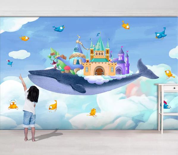 3D Blue Watercolor Castle Shark Wall Mural Wallpaper 918