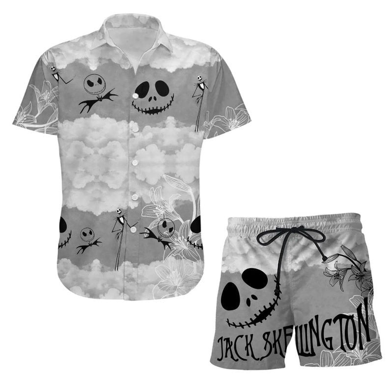 Jack Skellington Clouds Disney Cartoon Graphics All Over Print 3D Combo Hawaiian Shirt & Beach Shorts - Gray
