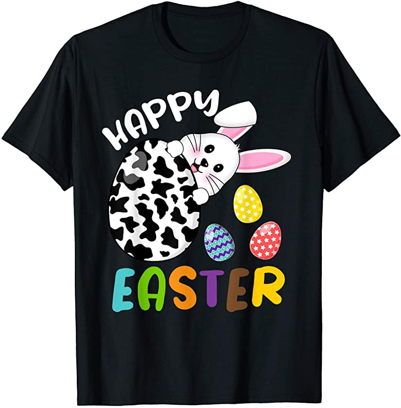 Cute Bunny Face Easter Egg Cow Print Funny Happy Easter T-Shirt