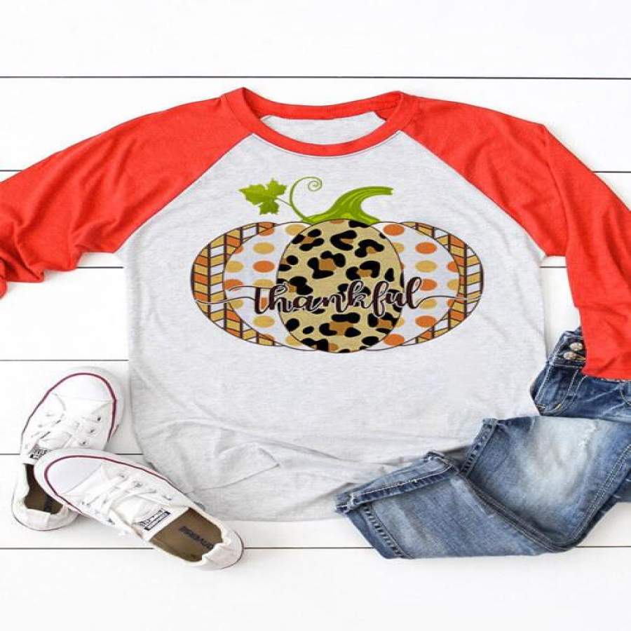 Thankful Leopard Pumpkin Print 3/4 Sleeve T-Shirt