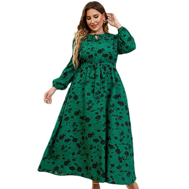 Brand Mew Plus Size Floral Tie Neck Belted Long Sleeve A-Line Dress Women Spring Fall Comfortable And Soft alx