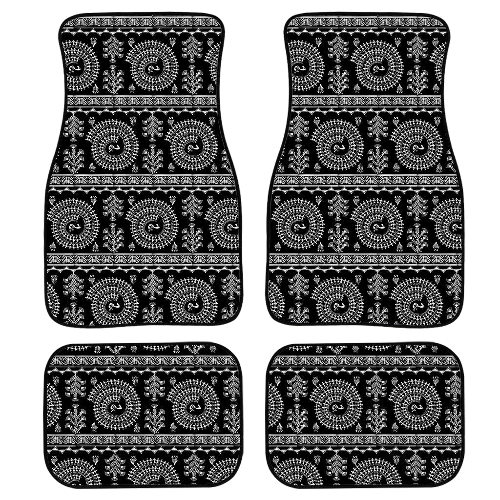 Black And White Warli Tribal Print Front And Back Car Floor Mats, Front Car Mat