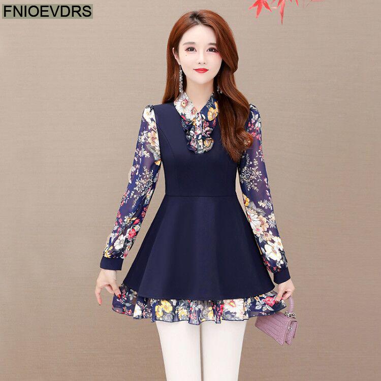 2022 Women Retro Elegant Office Lady Vintage Loose Ruffles Peplum Tops Floral Faux Two Piece Long Tunic Basic Shirts Blouses 423 alx