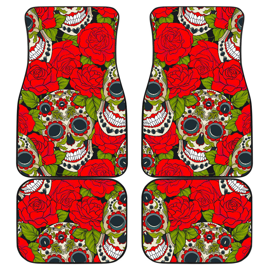 Rose Floral Sugar Skull Pattern Print Front And Back Car Floor Mats, Front Car Mat