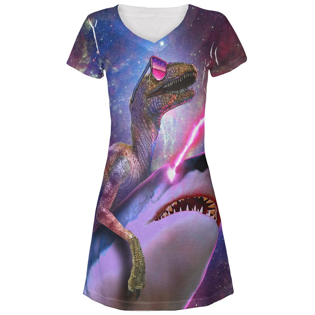 Velociraptor Laser Shark In Space All Over Juniors Beach Cover-Up Dress