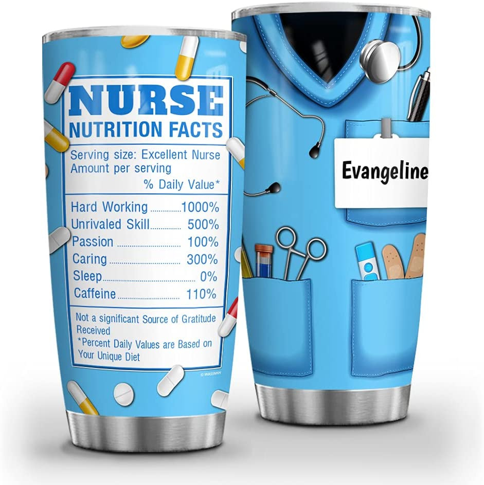 Personalized Nurse Nutrition Facts Tumbler Cup With Lid Stethoscope Double Wall Vacuum Insulated Travel Coffee Mug 20Oz 30Oz Birthday Christmas Gifts Nurse Week Appreciation Gift Women Men