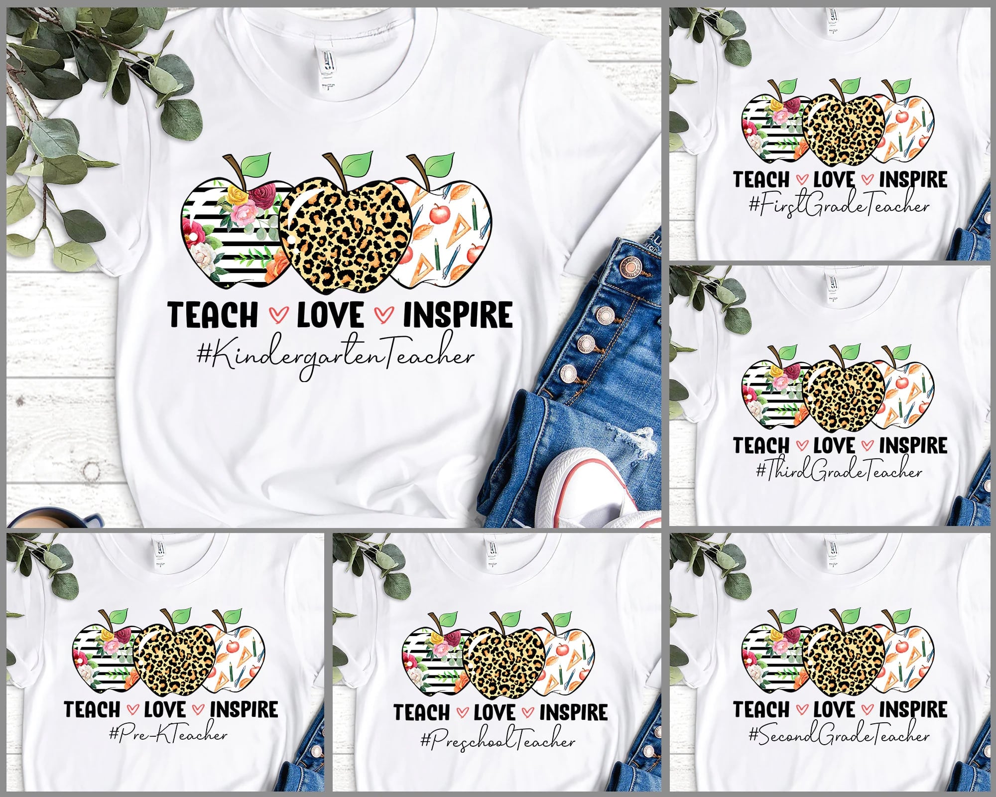 Personalized T-Shirt For Teacher Teach Love Inspire Kindergarten Teacher Leopard Stripe Floral Apple Custom Hashtag