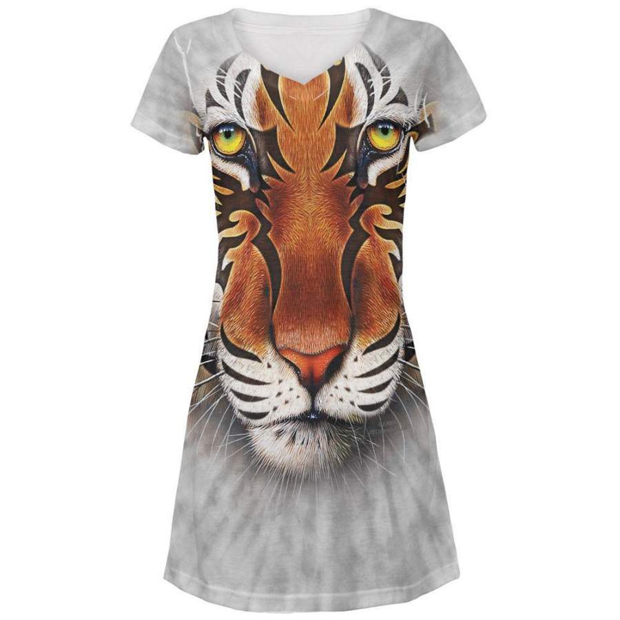 Tribal Tiger All Over Juniors V-Neck Dress