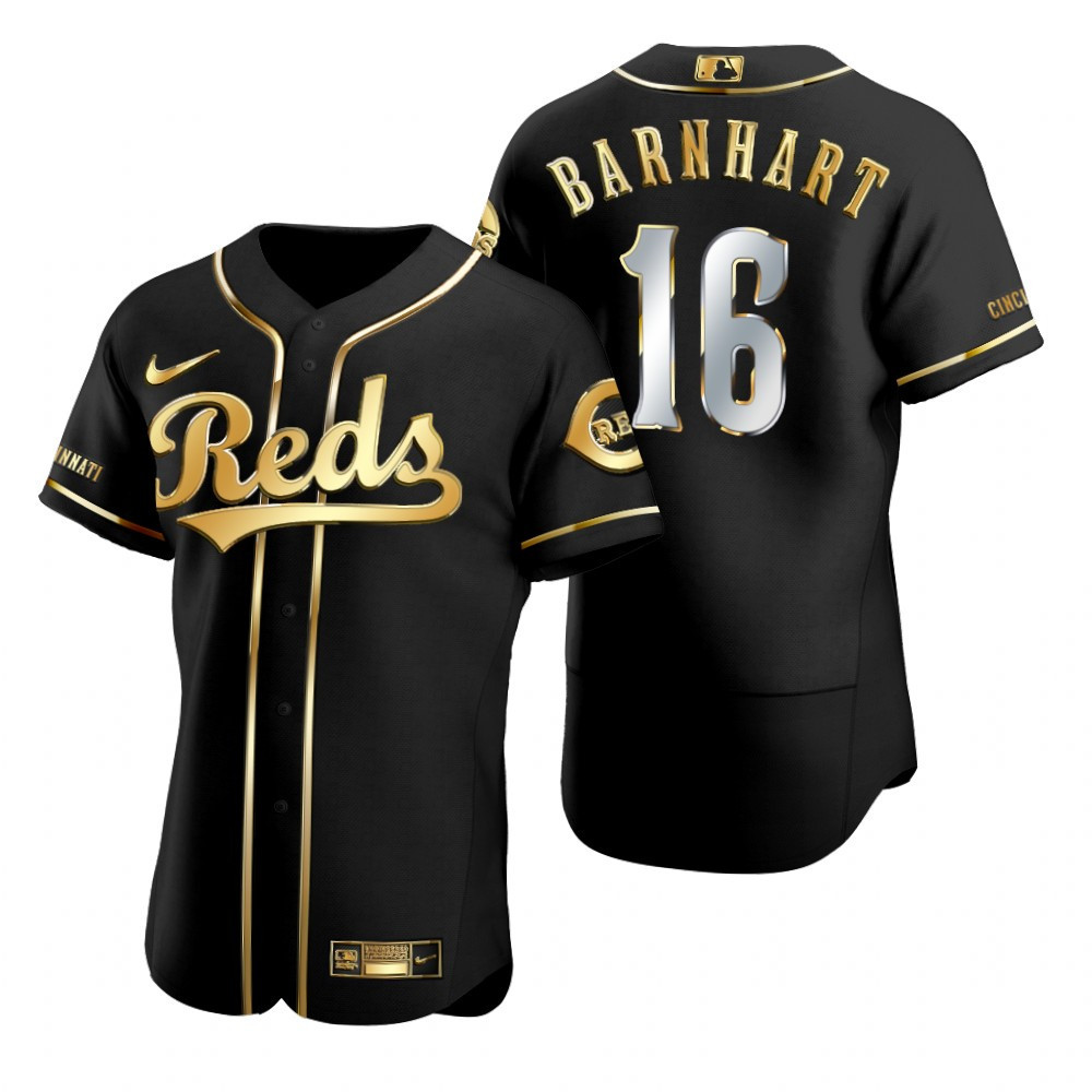 Cincinnati Reds #16 Tucker Barnhart MLB Golden Brandedition Black Jersey Gift For Reds Fans