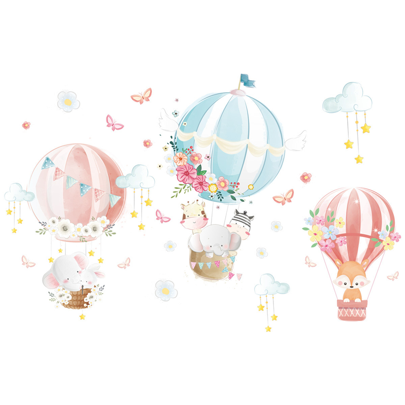 Hot Air Balloon Cartoon Animals Wall Stickers for Children Kids Room Decor Cute Elephant Nursery Wall Stickers Vinyl Wall Decals alx