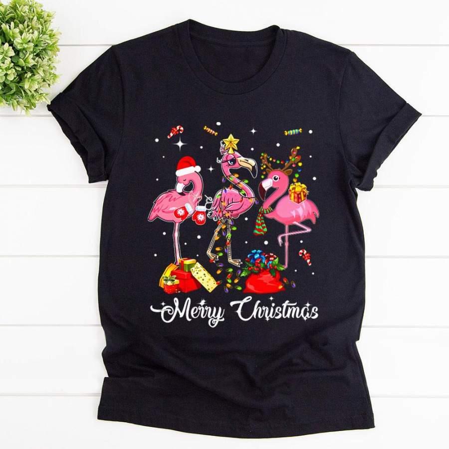 Christmas cute flamingo merry christmas colorful light santa hat candy cane gift black cotton t shirt for men and women S-6XL