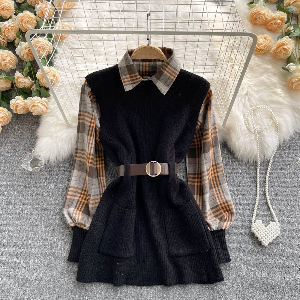 Woman Knitted Sweater Vest Plaid Shirt Two Piece Set Retro Lacing Strap Autumn Winter Coats New alx