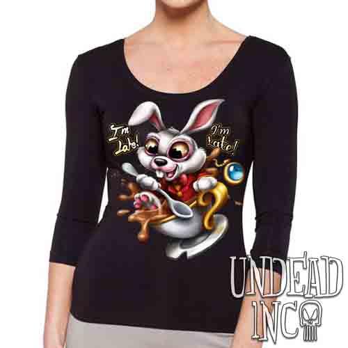 Alice In Wonderland White Rabbit I’M Late Teacup – Ladies 3/4 Long Sleeve Tee