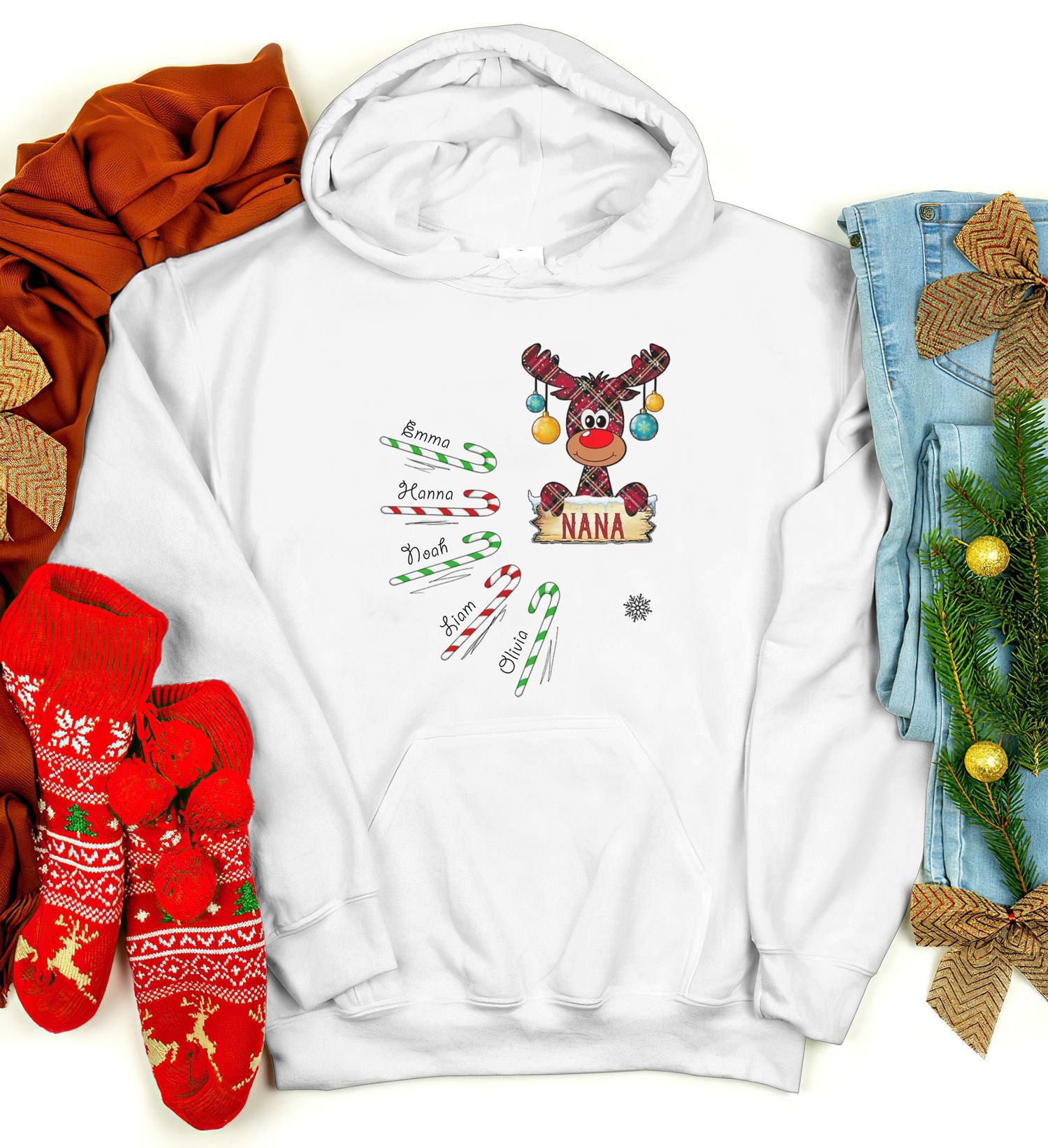 Personalized Sweatshirt Hoodie For Grandma Nana Reindeer & Candy Cane Printed Custom Grandkids Name Christmas