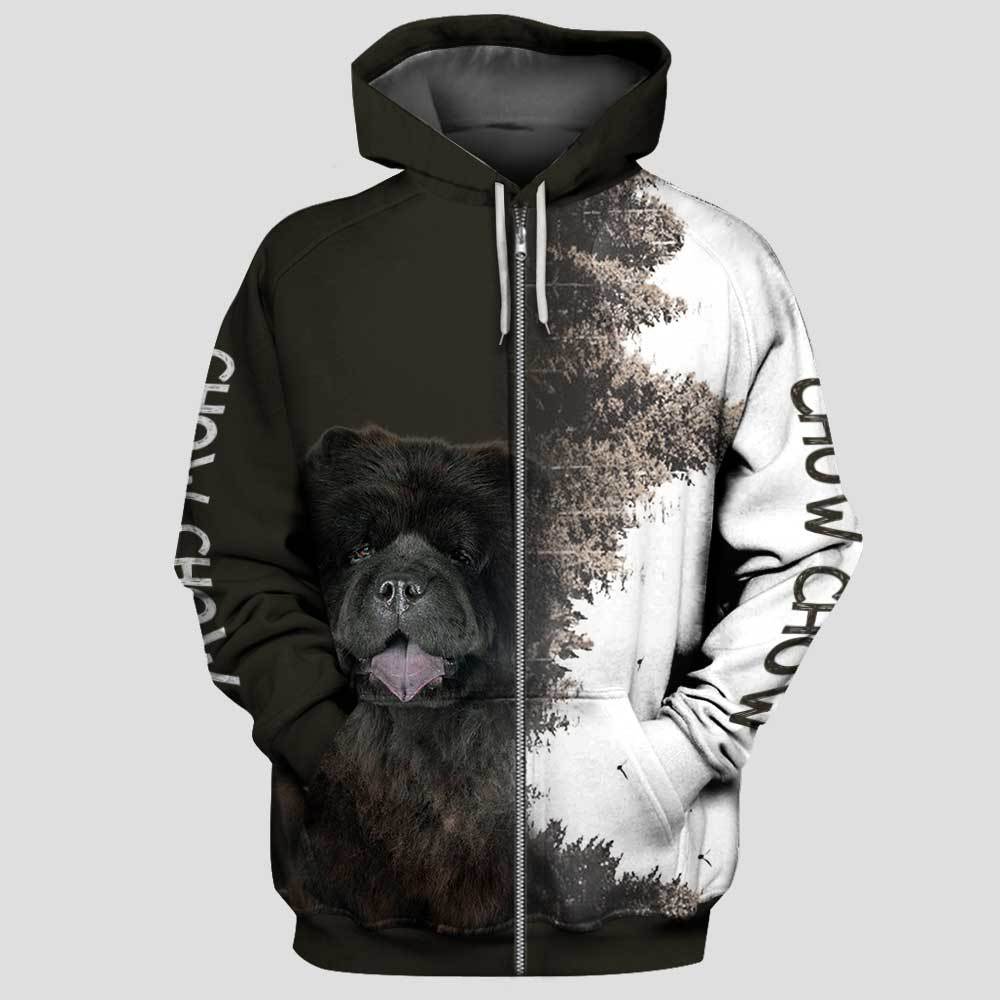 Black Chow Chow Forest 3D Zip Hoodie And Unisex Tee Full Printing