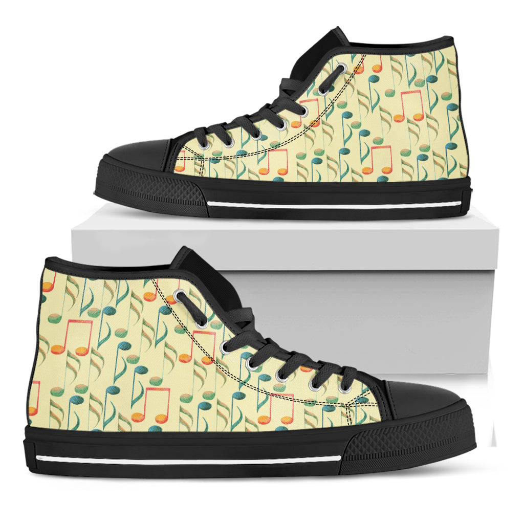 Watercolor Music Notes Pattern Print Black High Top Shoes