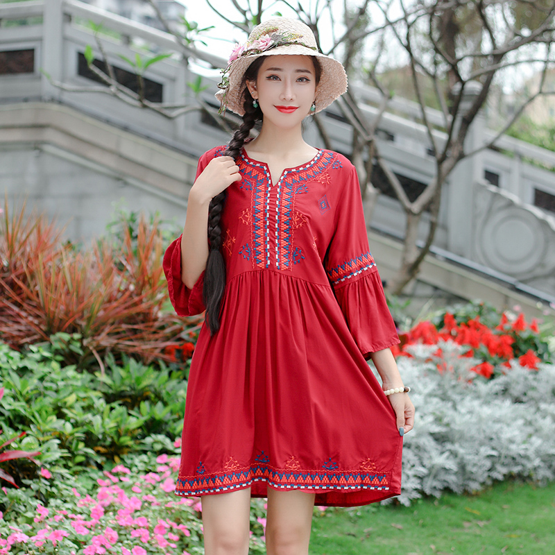 2021 Ethnic Bohemian Floral Embroidery Sundress Summer Beach V-Neck Dress Women Vintage Retro Loose Party Vestido Chic Dresses alx