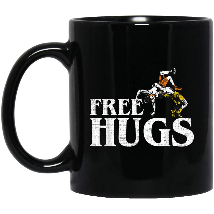 Vintage Free Hug Wrestler Funny Wrestling Cool Love Gift Black Mug