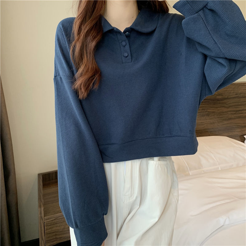 Sweatshirts Women Stylish Cropped Turn Down Collar Pure Students Autumn Classic Harajuku Vintage Design Mujer Popular Cozy Chic alx