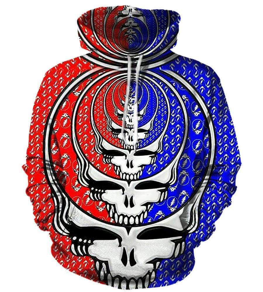 Funny Grateful Dead Hoodies – Pullover Red – Blue Skull 3D Hoodie T-Shirt