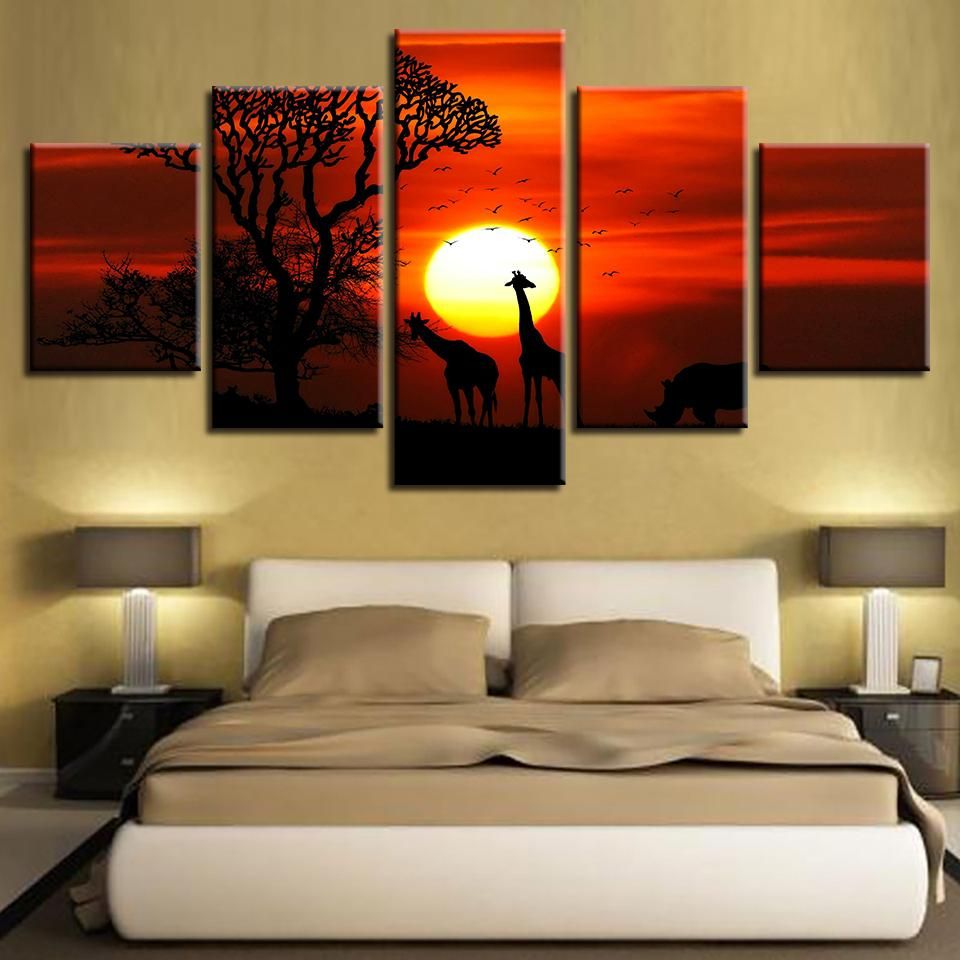 Animal Giraffe Tree Sunset Scenery Nature 5 Panel Canvas Art Wall Decor